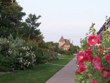 Path to train station lined with flowers