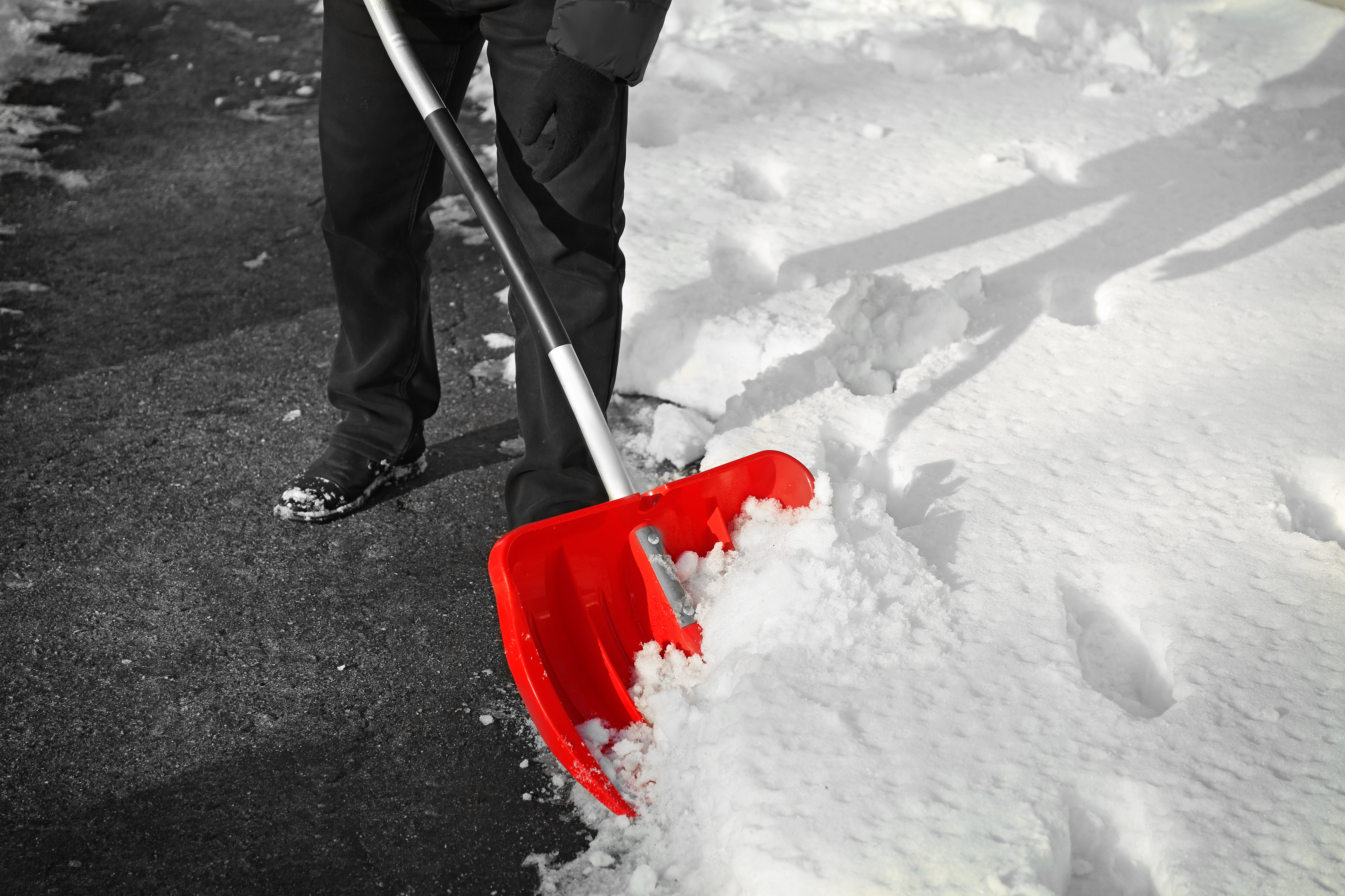 Red snow shovel shoveling snow.