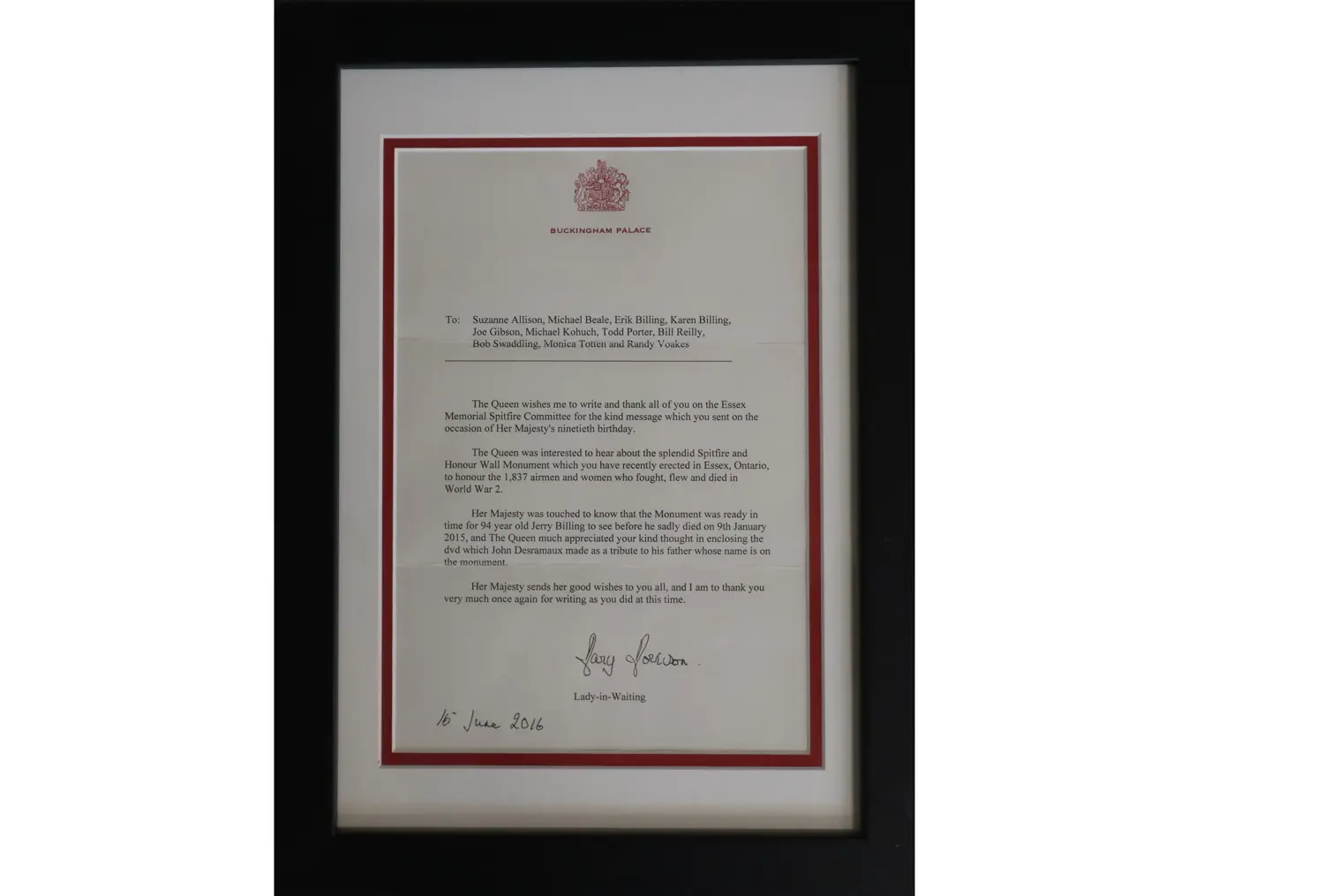 Letter of Thanks from Buckingham Palace