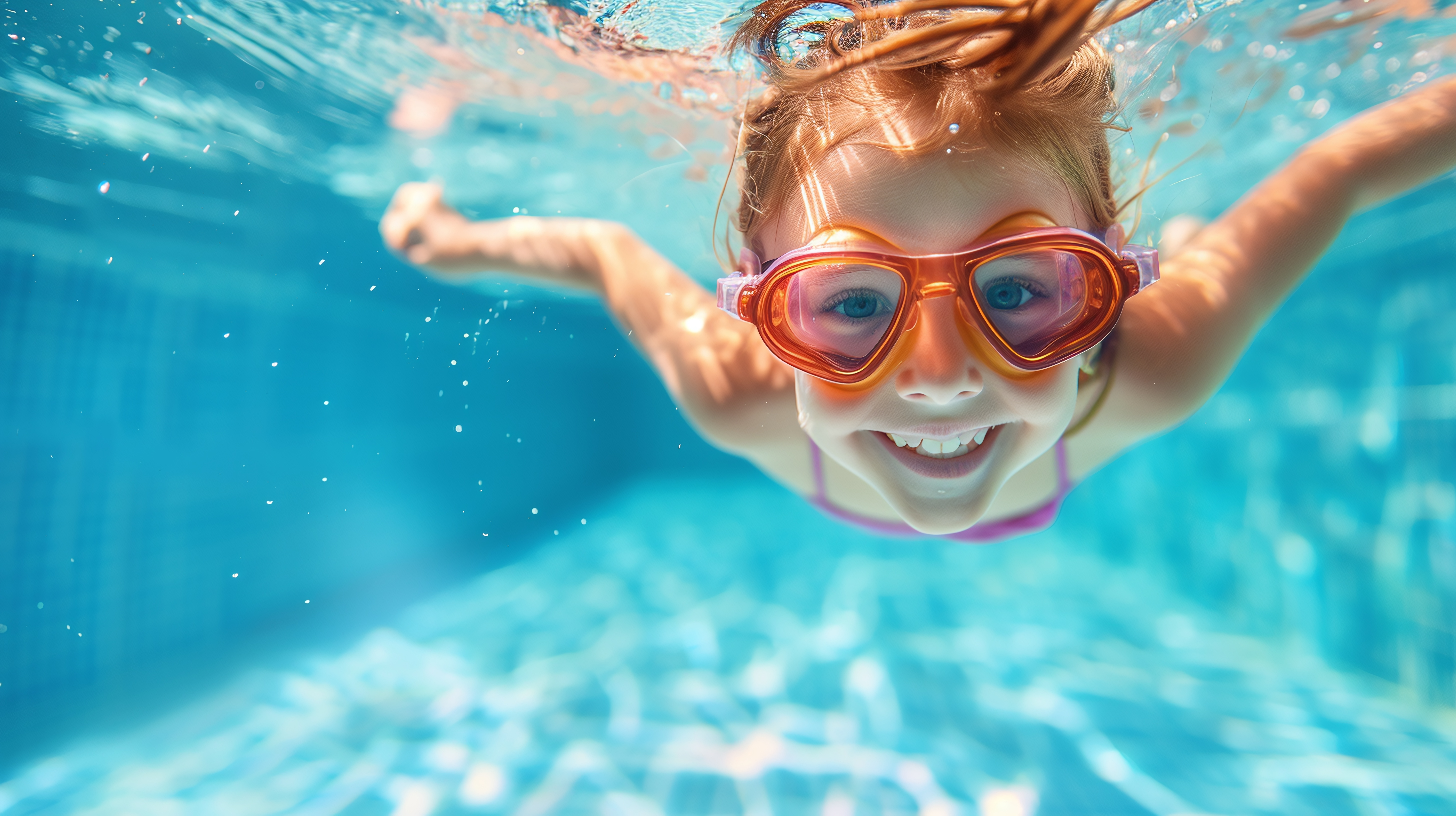 Child swimming underwater in pool.